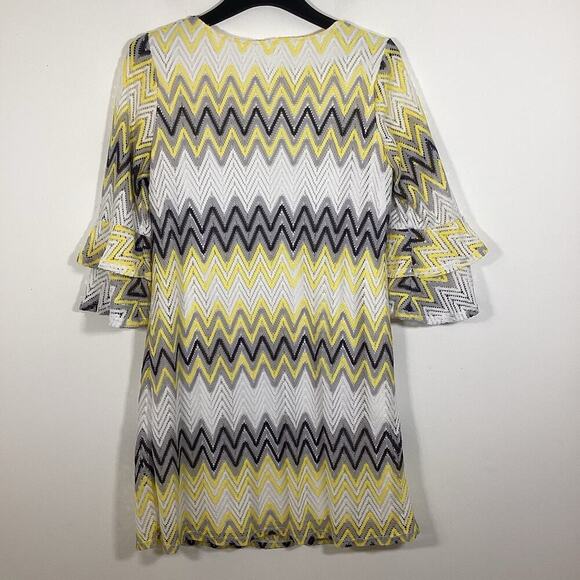 Tacera Midi Shift Dress XL Chevron Zig Zag Crochet Boho Yellow Grey Bell Sleeve - Picture 7 of 7